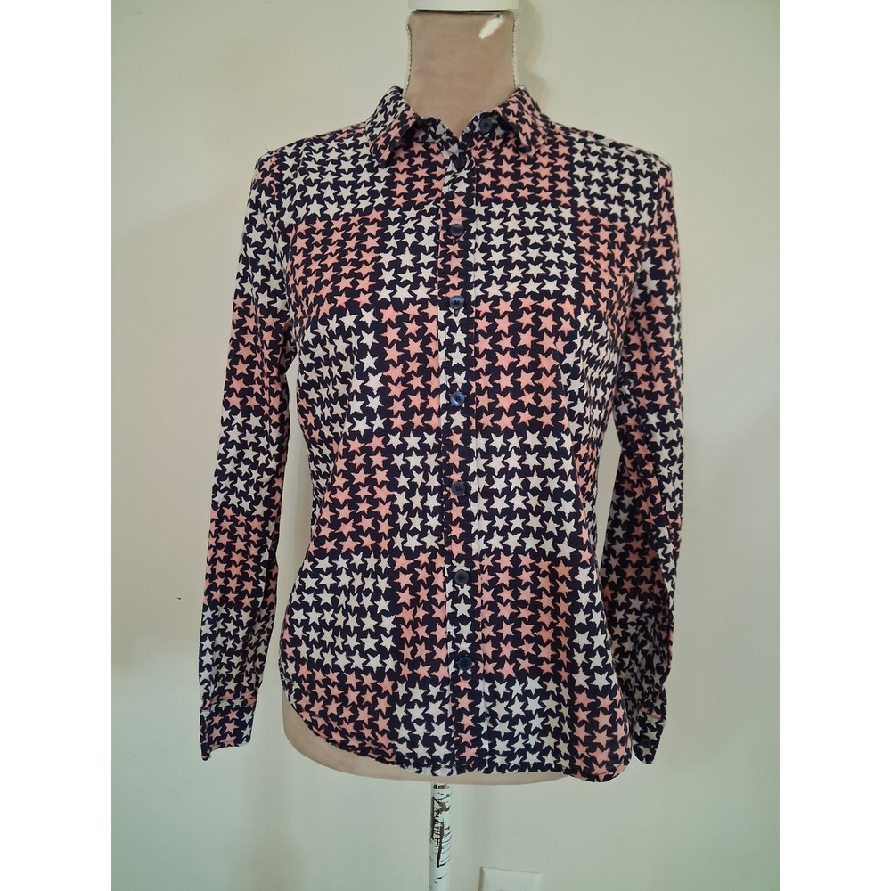 Tommy Hilfiger Womens Star Print Button Down Shirt Navy Pink White Cotton Small